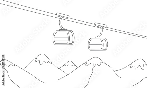 Minimalist winter mountain landscape with two ski gondola cabins cable car transportation system line art illustration