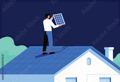 Person installs solar panel on blue tiled roof at twilight