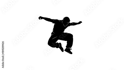 Dynamic Silhouette of a Male Parkour Athlete Jumping Against a White Background