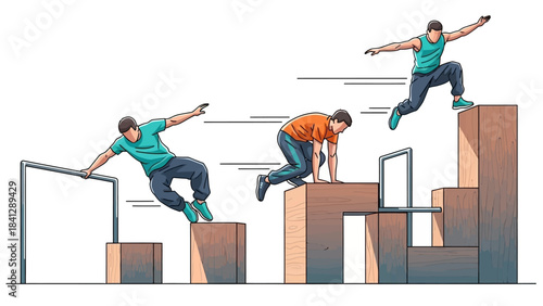 Dynamic Parkour Athlete Overcoming Urban Obstacles in Sequential Action Illustration