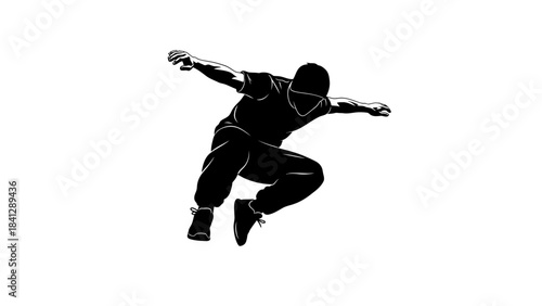 Dynamic Silhouette of a Man Performing a Parkour Jump or Acrobatics Move Isolated on White Background