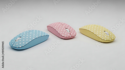 Pastel Polka Dot Computer Mice Trio, Stylish Tech Accessories, Cute Desk Setup, Colorful Design, Functional Gadget, Modern Workspace, 8K image 