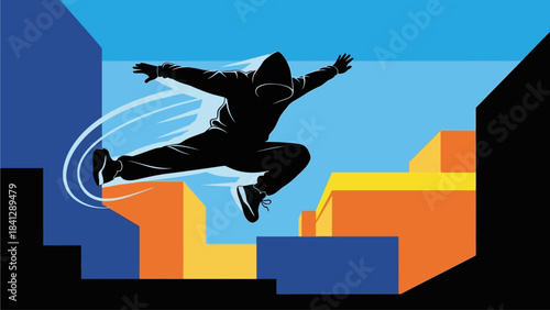 Dynamic Parkour Jump Silhouette Athlete Leaping Over Urban Obstacles in Mid Air