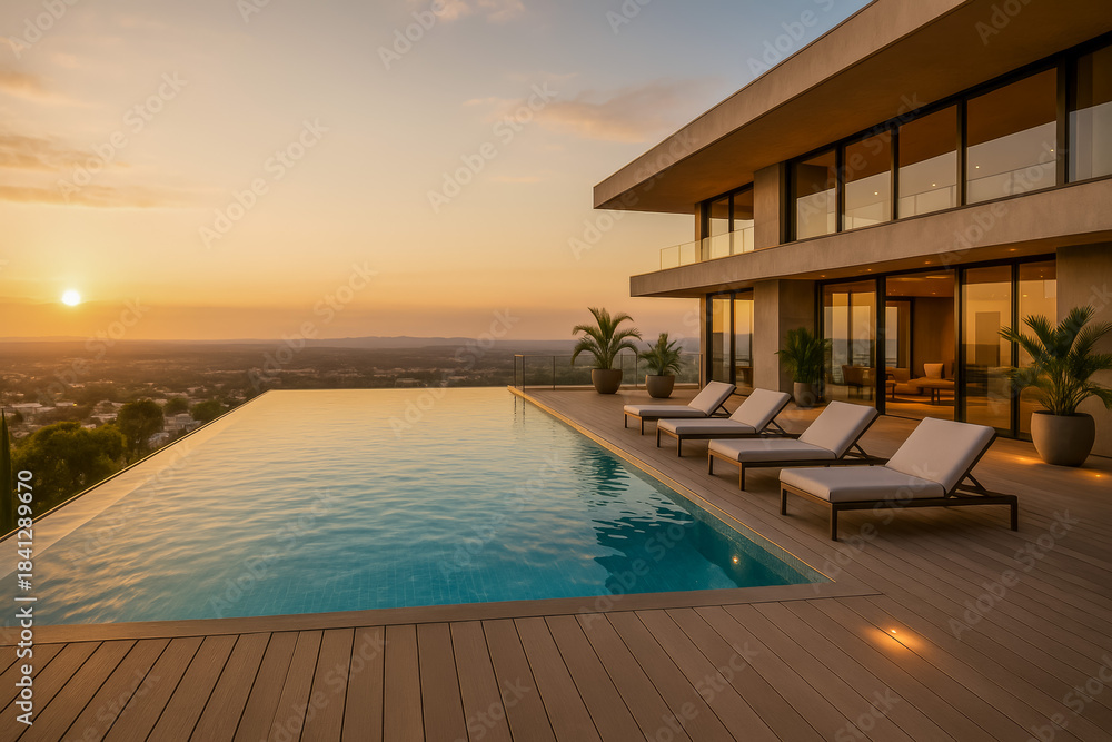 Fototapeta premium Modern villa with infinity pool at sunset overlooking landscape