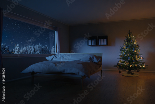 3d rendering of a spacious bedroom with cozy low bed and Christmas tree at night