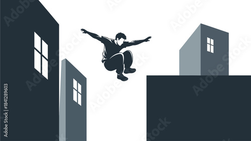 Dynamic Parkour Athlete Leaps Between Buildings in Urban Environment Extreme Sports Action
