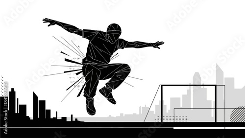 Dynamic Silhouette of a Parkour Athlete Leaping Over Obstacles with Abstract Urban Cityscape Background Vector Art