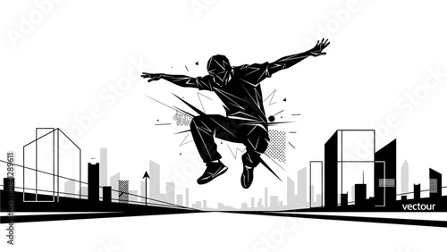 Dynamic Black and White Vector Art of a Man Performing a Parkour Jump Over a Stylized City Skyline
