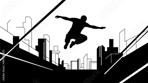 Dynamic Silhouette of a Man Performing a Parkour Jump Over a Stylized Cityscape