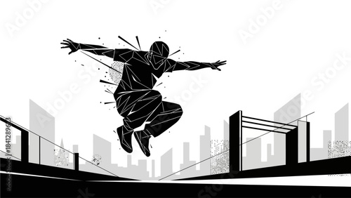 Dynamic Urban Parkour Athlete Leaping Over Obstacle in Stylized Cityscape Black and White Vector Art