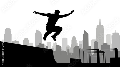 Silhouette of a parkour athlete jumping over buildings in a city skyline at dawn freedom and urban adventure concept