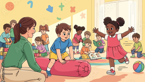 Diverse Preschool Classroom Fun Teacher Supervises Children Playing and Learning Together
