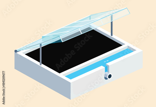 Isometric illustration of a solar water purification system with a transparent cover