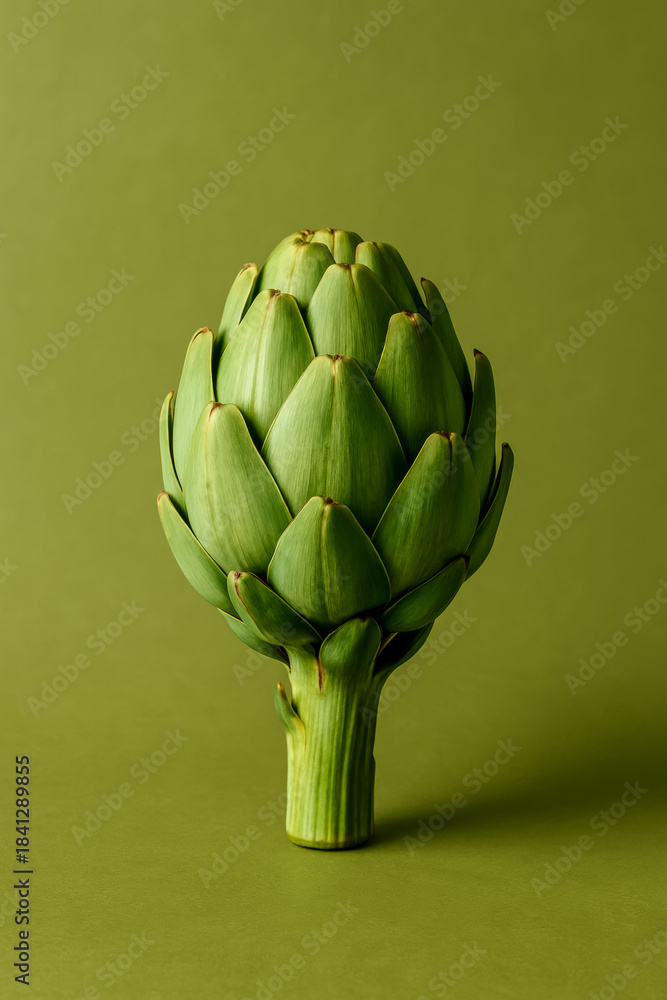 Obraz premium Fresh green artichoke on a solid green background