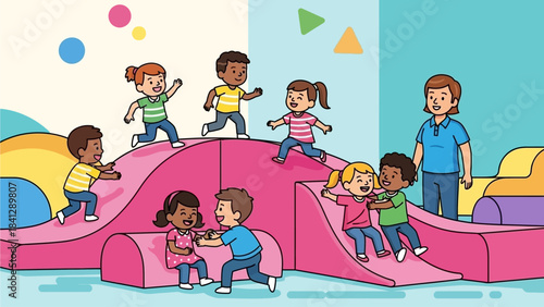 Diverse Group of Happy Children Playing Together on Soft Playground Equipment with Teacher