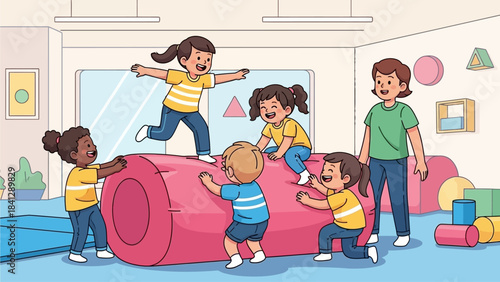 Diverse Children Enjoying Playtime and Learning with Teacher in Bright Kindergarten Classroom