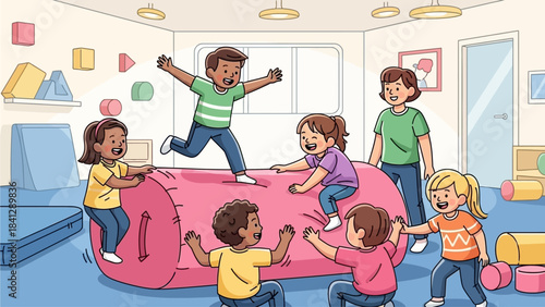 Diverse Group of Happy Children Enjoying Fun Physical Activity in a Bright Indoor Playroom
