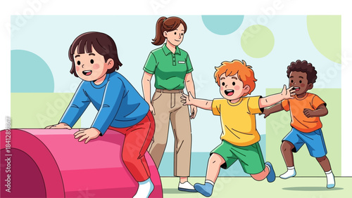 Happy Diverse Children Playing and Learning with Teacher in Kindergarten Classroom Activity