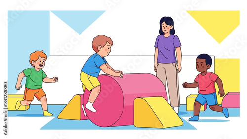 Happy Diverse Children Playing with Soft Play Equipment in Kindergarten with Teacher