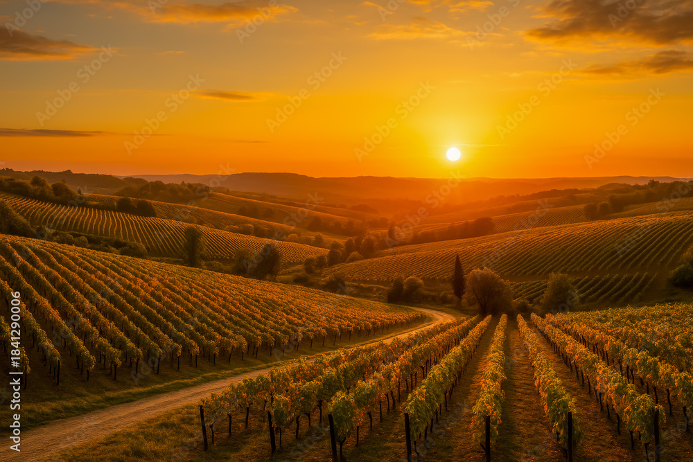 Fototapeta premium Sunset over lush vineyards in rolling hills landscape