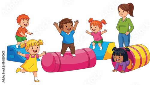 Joyful Children Enjoying Indoor Playtime Obstacle Course with Teacher