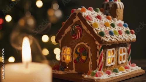 Festive Gingerbread House Decorated with Colorful Candies Illuminated by Candlelight