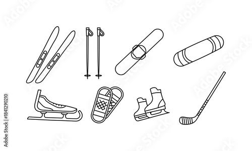 Winter sports equipment outline icon set featuring skis ski poles snowboard sled ice skates snowshoes and hockey stick