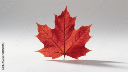 A crimson maple leaf stands against a plain backdrop; clear veins and warm hues create a quiet and vibrant atmosphere of autumn.
