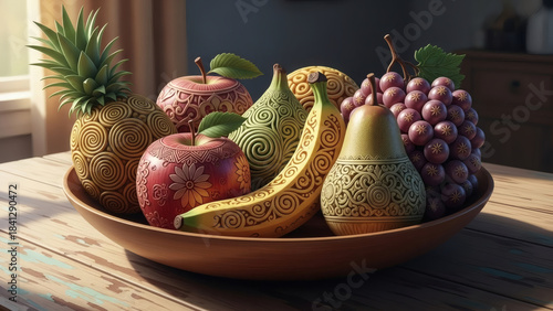 Exquisite Bowl of Ornate Fresh Produce Featuring Hand-Carved Designs on a Rustic Wooden Surface, Capturing Artistic Detail and Wholesome Charm