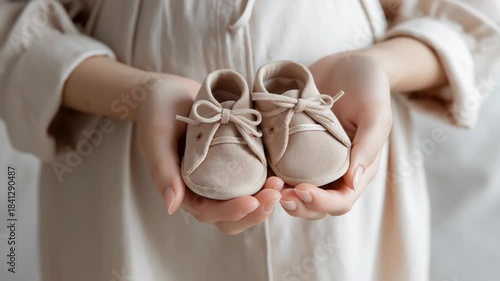 A pregnant woman gently holding a pair of tiny beige baby shoes in her hands, creating a soft warm moment full of anticipation and tender maternal emotion.