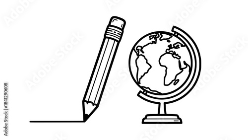 Education Essentials: An elegant black and white illustration of a globe next to a pencil, symbolizing the essence of knowledge and learning.
