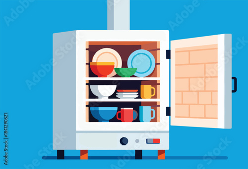A white oven with colorful dishes and mugs on shelves, door ajar