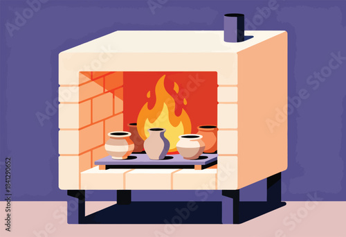 Ceramic kiln with flames and pottery inside