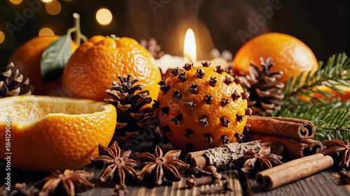 Festive Holiday Oranges and Cinnamon Sticks with A Warm Candle Glow