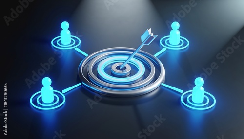 A central glowing target with an arrow hits the bullseye, connecting to four linked person icons, illustrating precise marketing and reach, concept for advertising, strategy and networking.