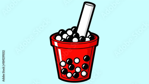 Illustration of a Red Boba Tea Cup with Straw.