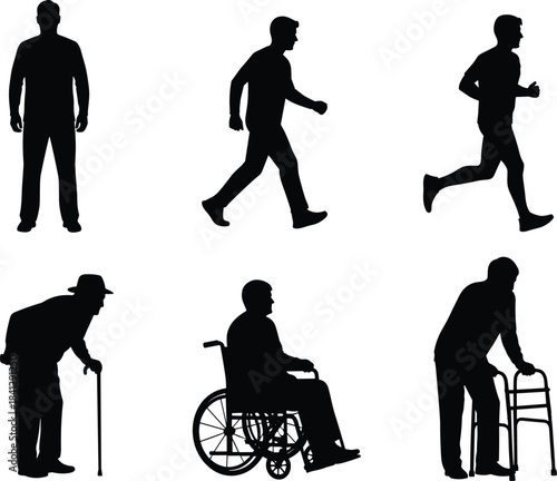 Mobility spectrum silhouette set, physical ability and aging poses illustration, black figure icons, rehabilitation and accessibility concept graphic