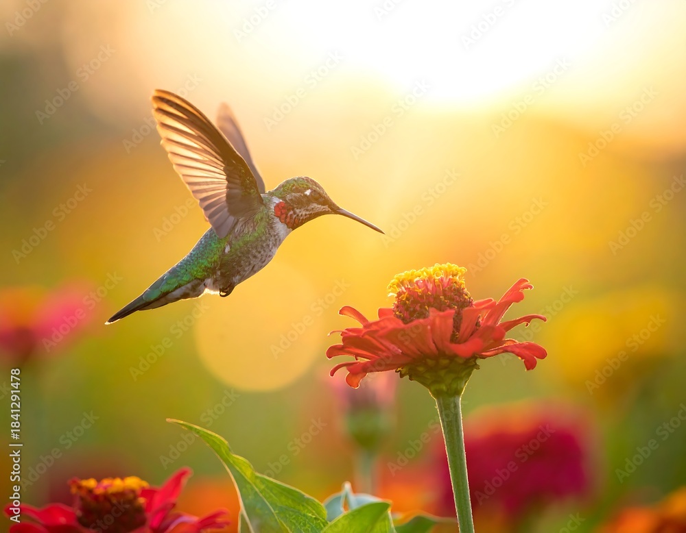 Fototapeta premium Hummingbird approaches a vibrant zinnia flower in a bright, sunny garden at golden hour, creating a warm, luminous glow