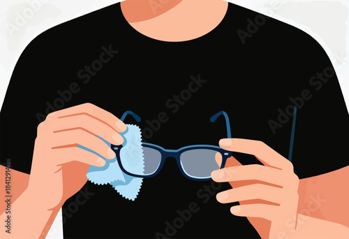 Person cleaning eyeglasses with a blue cloth, close-up on hands and glasses