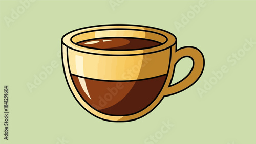 Illustration of a cup of coffee with a golden rim on a light green background.