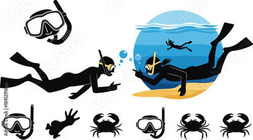 Snorkeling and marine life silhouette set, underwater exploration illustration, black figure icons with gear and crabs, ocean adventure concept graphic