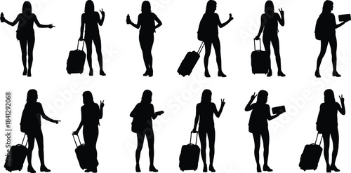 Travel woman silhouette set, expressive suitcase poses illustration, black figure icons, gesture and departure concept graphic