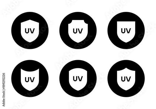 UV protection shield icon set in black circle. Sunscreen and safety product symbol