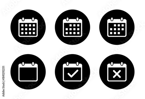 Calendar, event check, and cancel marker icon in black circle. Schedule, checkmark and cross mark agenda symbol