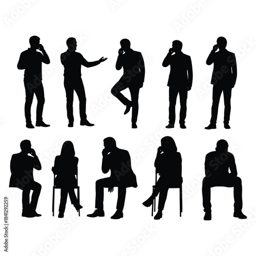 Silhouettes of people in various poses talking on the phone or gesturing