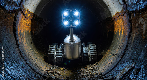 Robotic inspection crawler with a camera inside a sewer pipe. Underground pipeline maintenance and diagnostics with modern technology