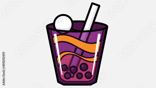 Illustration of a refreshing purple bubble tea with tapioca pearls.