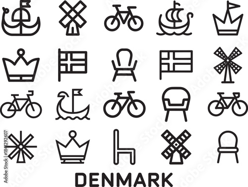 Denmark travel icons set bicycle windmill crown ship flag anchor chair traditional symbol collection vector