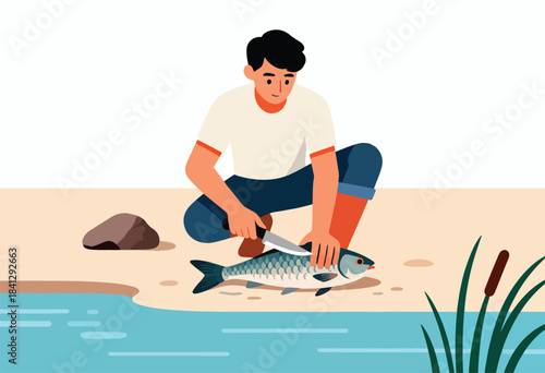 Person kneeling on shore, preparing a freshly caught fish with a knife