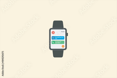 Flat illustration of a smartwatch displaying notifications, including messages and an incoming call. Minimalist design, modern wearable technology concept on a clean background. Vector illustration.